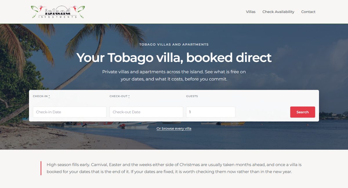 Island Investments Tobago villa booking website homepage