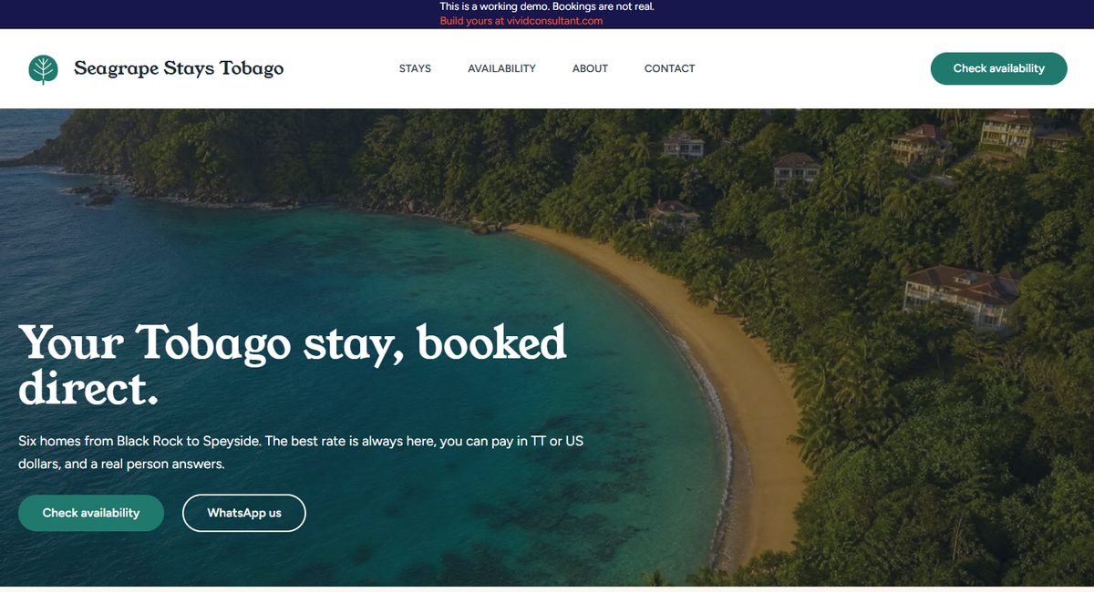 Seagrape Stays Tobago demo booking website homepage