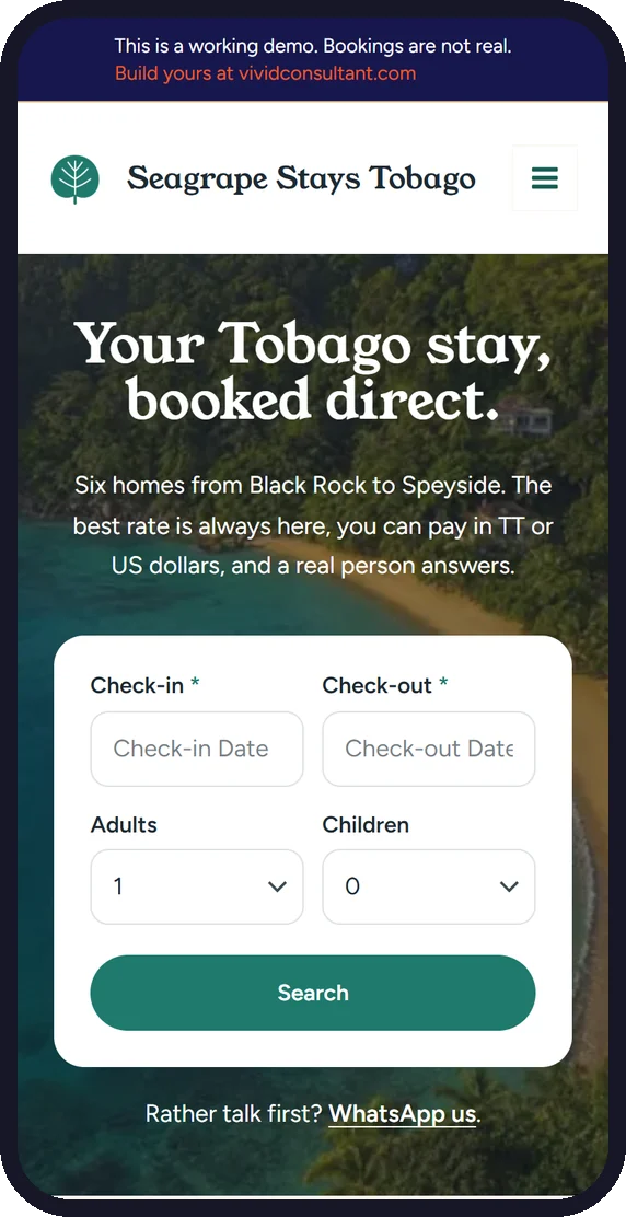 Phone showing the homepage of a direct booking website