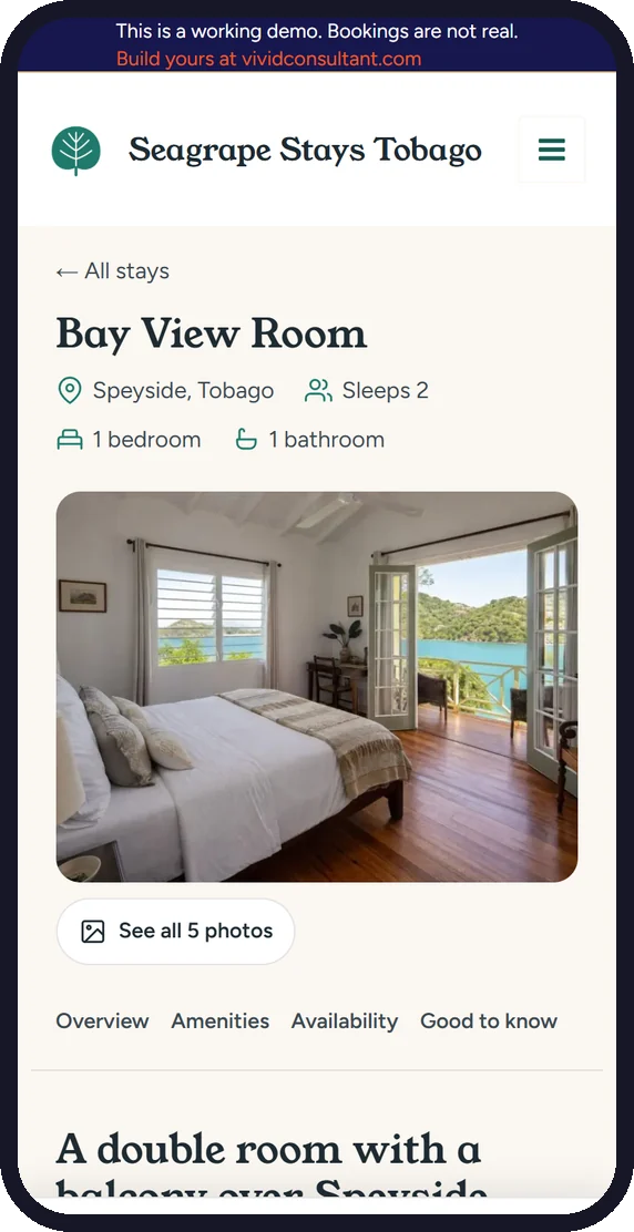Phone showing a room page with photos and nightly rate
