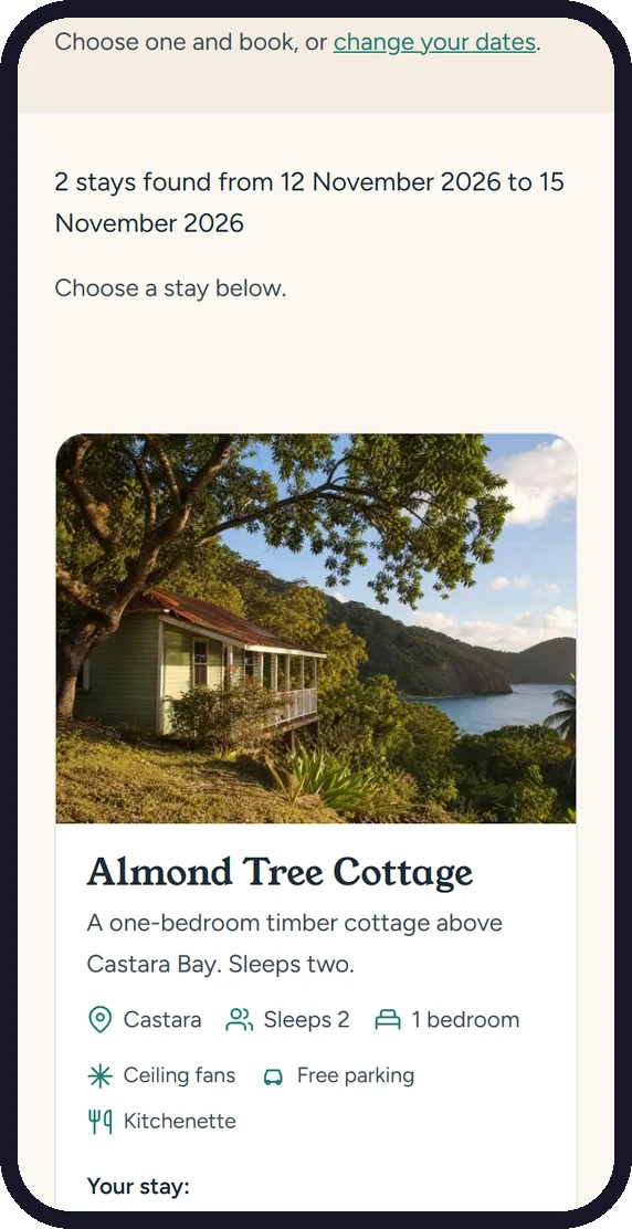 Phone showing available stays and prices for chosen dates