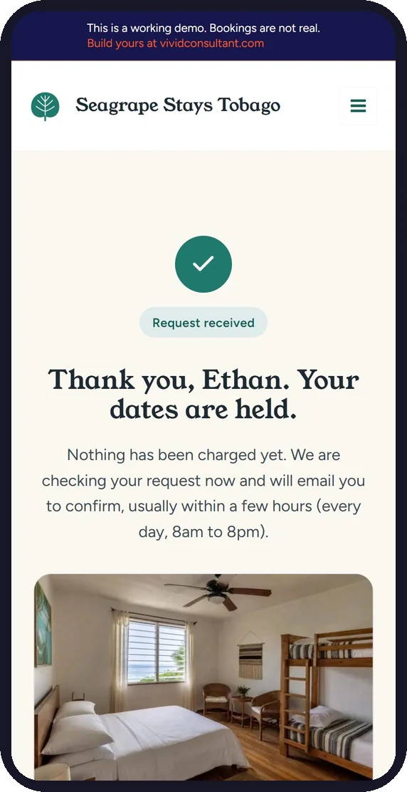 Seagrape Stays demo on a phone: Request received, thank you Ethan, your dates are held
