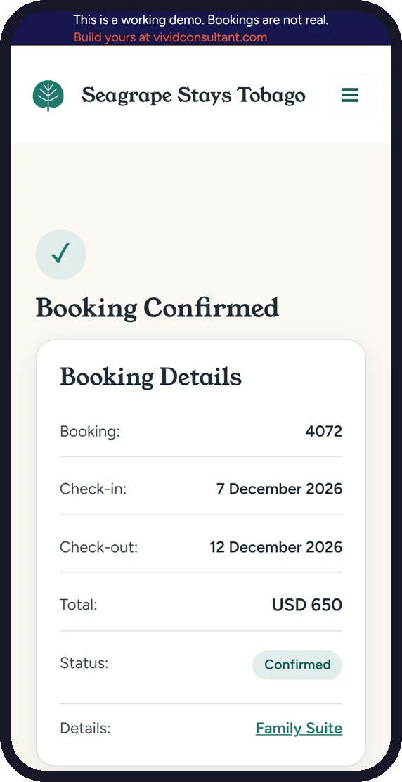 Phone showing a booking confirmed page with booking and payment details